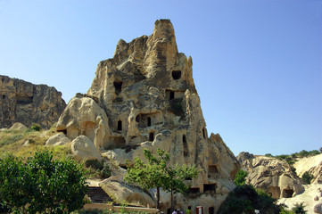 Fototapeta na wymiar Rock carved houses, Pigeon Valley, Uchisar, Cappadocia, Turkey