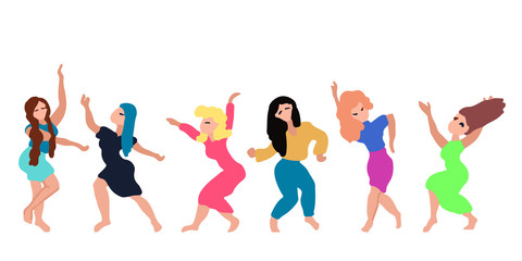 Obraz na płótnie Canvas A set of dancing and jumping girls in colorful clothes. Vector illustration. Character collection. Isolated art