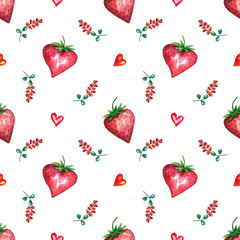 Watercolor romantic seamless pattern illustration for Valentine’s day. Hearts. Strawberry