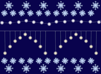 Winter decorative light, white garland, vector set on blue background