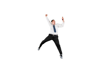 Happy businessman looking at smart phone isolated