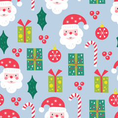 Seamless pattern for Christmas holiday with Santa and gift boxes.