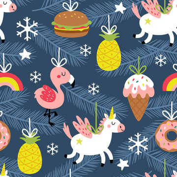 Seamless pattern for Christmas holiday with cute ornaments.