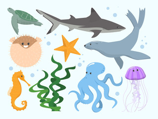 Underwater creature set vector isolated. Sea animal collection.