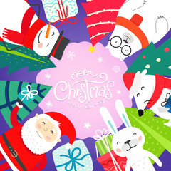 Merry Christmas and happy new year greeting card with cute characters. Vector postcard