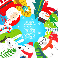 Merry Christmas and happy new year greeting card with cute characters. Vector postcard