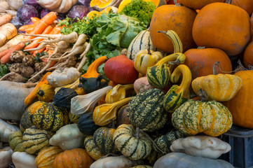 Autumn Color Pumpkins im Whole Foods Market.  Raw vegetables and fruits background. Healthy organic food concept