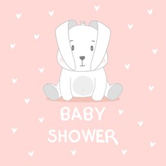 Greeting card of cute white bunnies on pink background with text baby shower. Vector illustration.