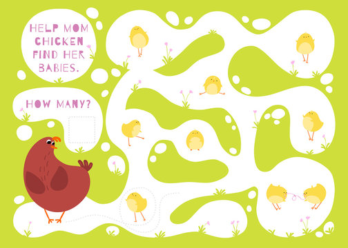 Maze Educational mini game. Help mom find the chickens. How many. Vector colorful childish illustration in simple cartoon style