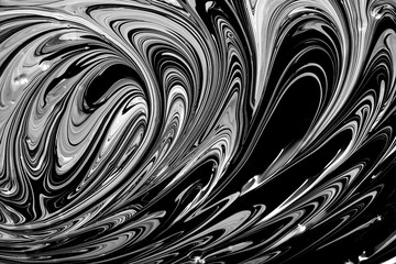 Abstract black oil and white ink color liquid viscous background. Waves and streaks acrylic paint...