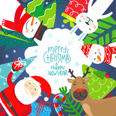 Fototapeta premium Winter holidays greeting card with cute characters