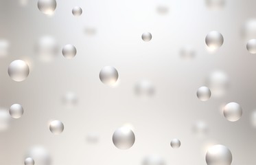 Silver drops abstrct 3d illustration. Shiny molecules on light grey blurry background. Glass beads repeat pattern.