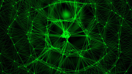 Modern background of dots connected by lines of green colors with blurred black background