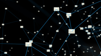 Fototapeta premium Moderne background from mail letter icons connected by lines of blue colors with blurred black background