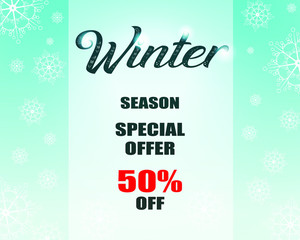 Fototapeta na wymiar Winter season special offer 50% off advert text with snowflake background suitable for discount poster, advert banner, price tag design, marketing web page., Vector EPS.10