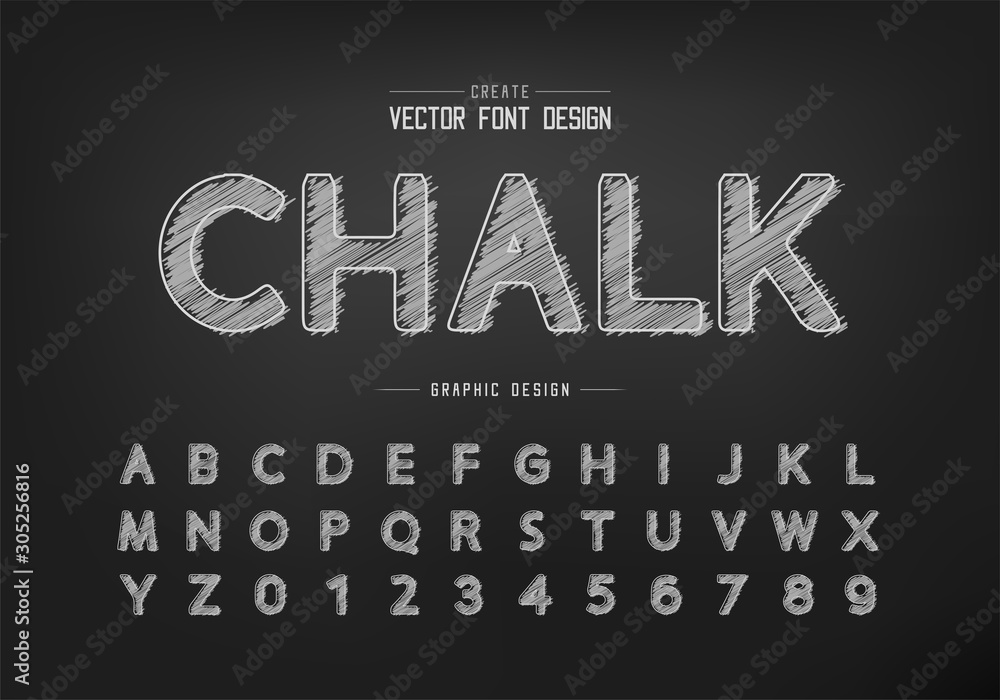Poster chalk font and round alphabet vector, hand draw design typeface and number, graphic text on backgrou
