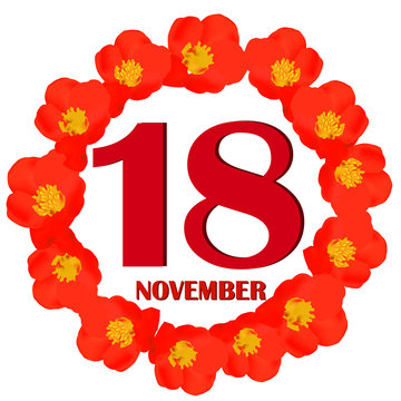 November 18 icon. For planning important day. Banner for holidays and special days with flowers. Eighteenth of November icon. Illustration.