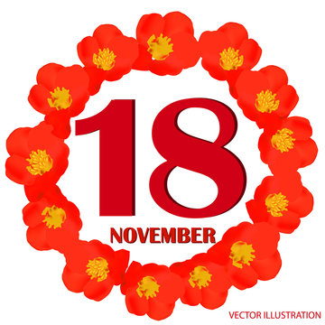 November 18 icon. For planning important day. Banner for holidays and special days with flowers. Eighteenth of November icon. Vector Illustration.