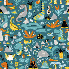 Naklejka na ściany i meble Cute seamless pattern with a variety of dinosaurs, birds, snakes, insects in the jungle, tropics, volcanoes, palm trees, clouds, eggs. Baby vector illustration in scandinavian style