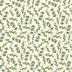 Seamless background with green leaves ornament. Small branches with red berries.