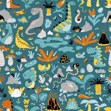 Cute seamless pattern with a variety of dinosaurs, birds, snakes, insects in the jungle, tropics, volcanoes, palm trees, clouds, eggs. Baby vector illustration in scandinavian style