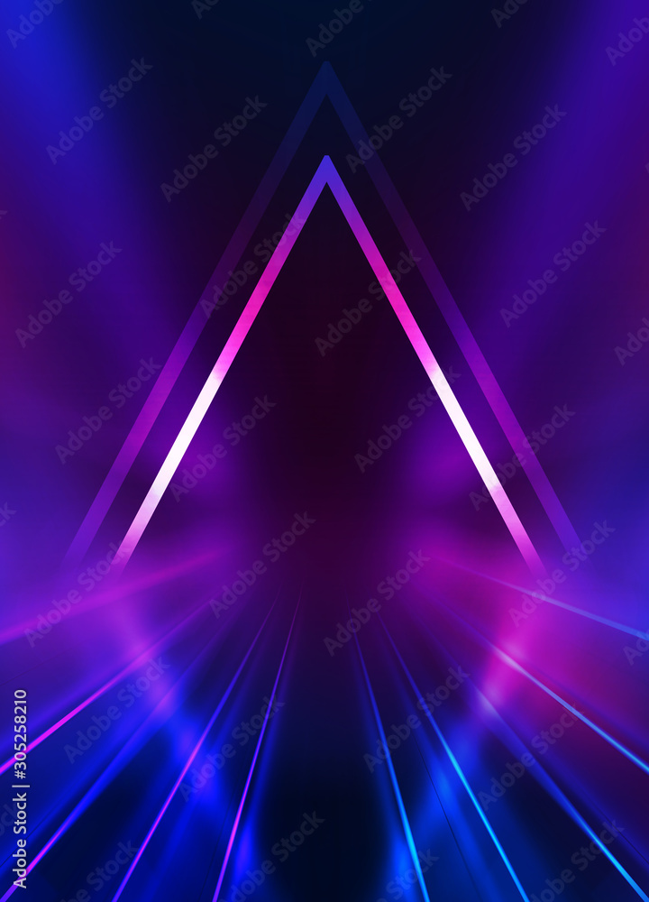 Poster Empty dark abstract background. Background of an empty show scene. Glow of neon lights on an empty stage.