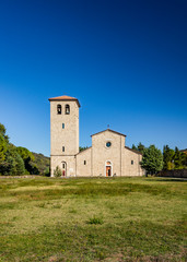 Fototapeta na wymiar San Vincenzo al Volturno is a historic Benedictine monastery located in the territories of the Comunes of Castel San Vincenzo and Rocchetta a Volturno. The church of the new abbey.
