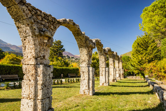 San Vincenzo al Volturno, a Benedictine monastery in Castel San Vincenzo and Rocchetta a Volturno. The new abbey. The remains of walls of an ancient building, with a series of stone arches.