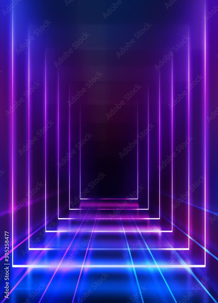Aufkleber Empty dark abstract background. Background of an empty show scene. Glow of neon lights on an empty stage.