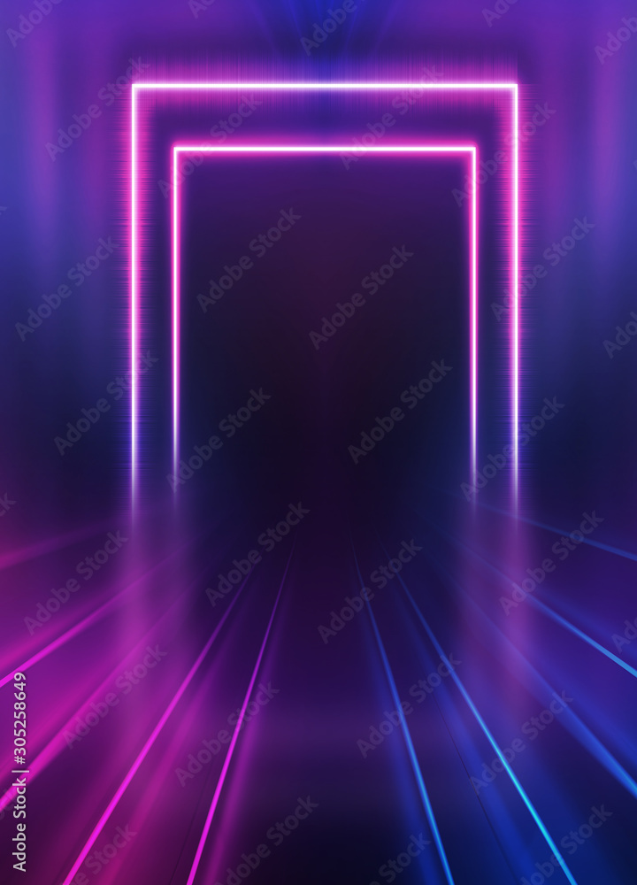 Poster Empty dark abstract background. Background of an empty show scene. Glow of neon lights on an empty stage.
