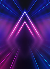 Empty dark abstract background. Background of an empty show scene. Glow of neon lights on an empty...