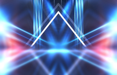 Empty dark abstract background. Background of an empty show scene. Glow of neon lights on an empty...