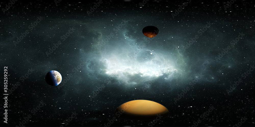 Wall mural 360 degree space background with exoplanets or extrasolar planets, nebula and stars, equirectangular