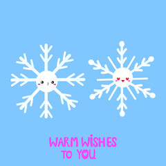 Vector graphics. Cute, adorable illustration of snowflakes. Flat cartoon illustration. Funny characters. Handwritten text. Romantic greeting card template. 