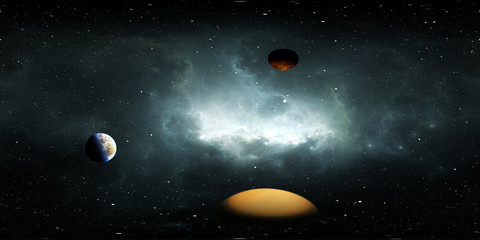 360 degree space background with Exoplanets or Extrasolar planets, nebula and stars, equirectangular projection, environment map. HDRI spherical panorama © Peter Jurik