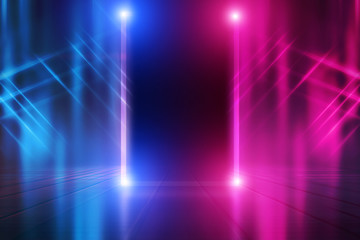 Empty dark abstract background. Background of an empty show scene. Glow of neon lights on an empty stage.