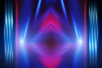 Empty dark abstract background. Background of an empty show scene. Glow of neon lights on an empty...