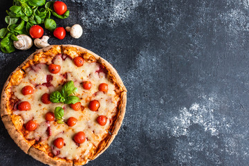Delicious bright pizza on a dark background