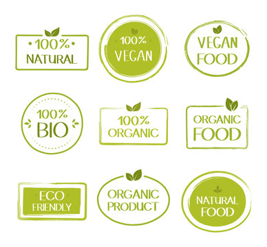 Organic healthy vegan food labels. Natural, fresh, organic food stickers collection. Vector graphic design
