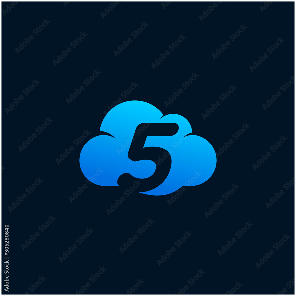 Poster number 5 negative space in sky cloud, technology hosting domain blockchain server logo design - vect