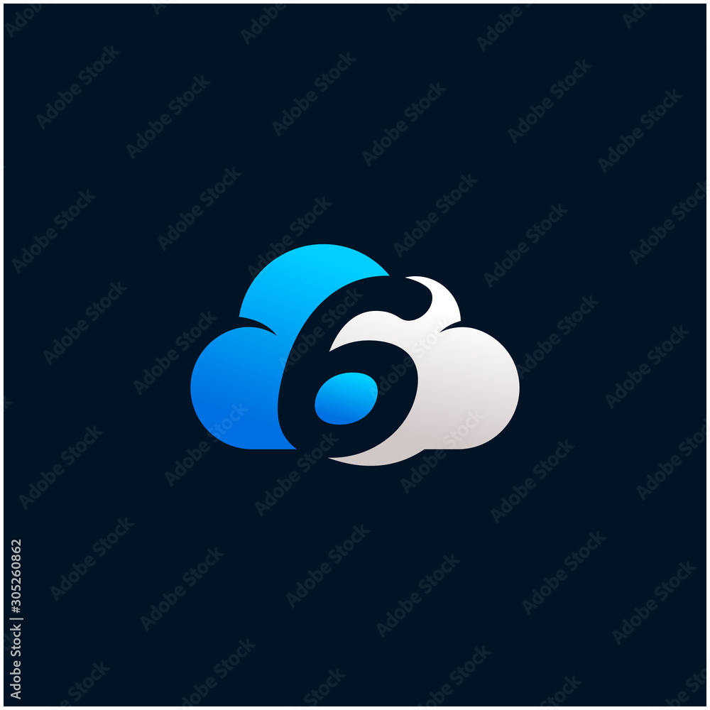 Poster number 6 negative space in sky cloud, technology hosting domain blockchain server logo design - vect