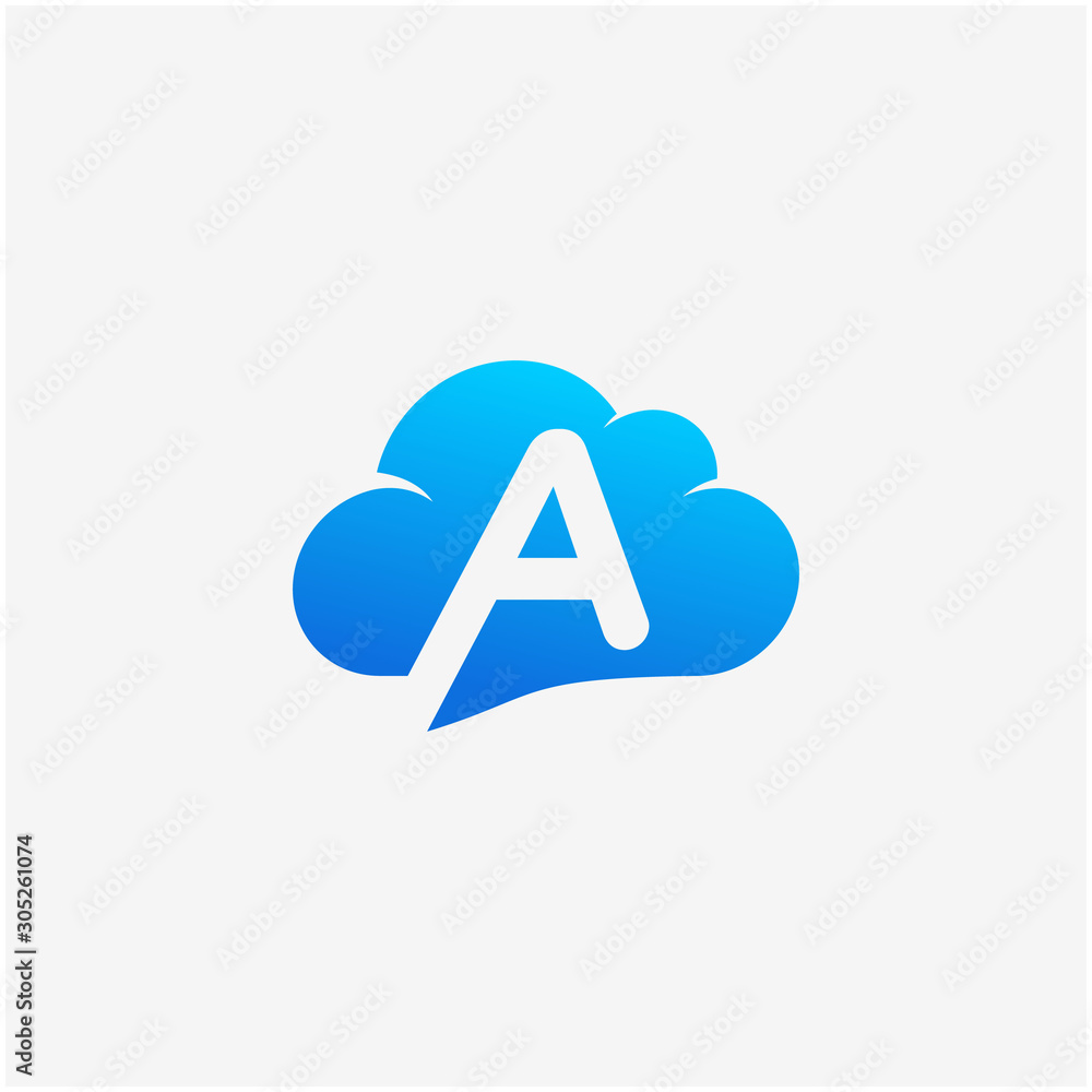 Poster initial letter a negative space in sky cloud, technology hosting domain blockchain server logo desig