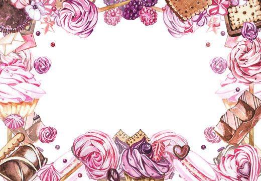 Watercolor sweets collection. Watercolor teamplate of a compositions of sweets, cakes and envelope. Valentine's Day. Perfect for cards, prints, invitations, birthday cards.
