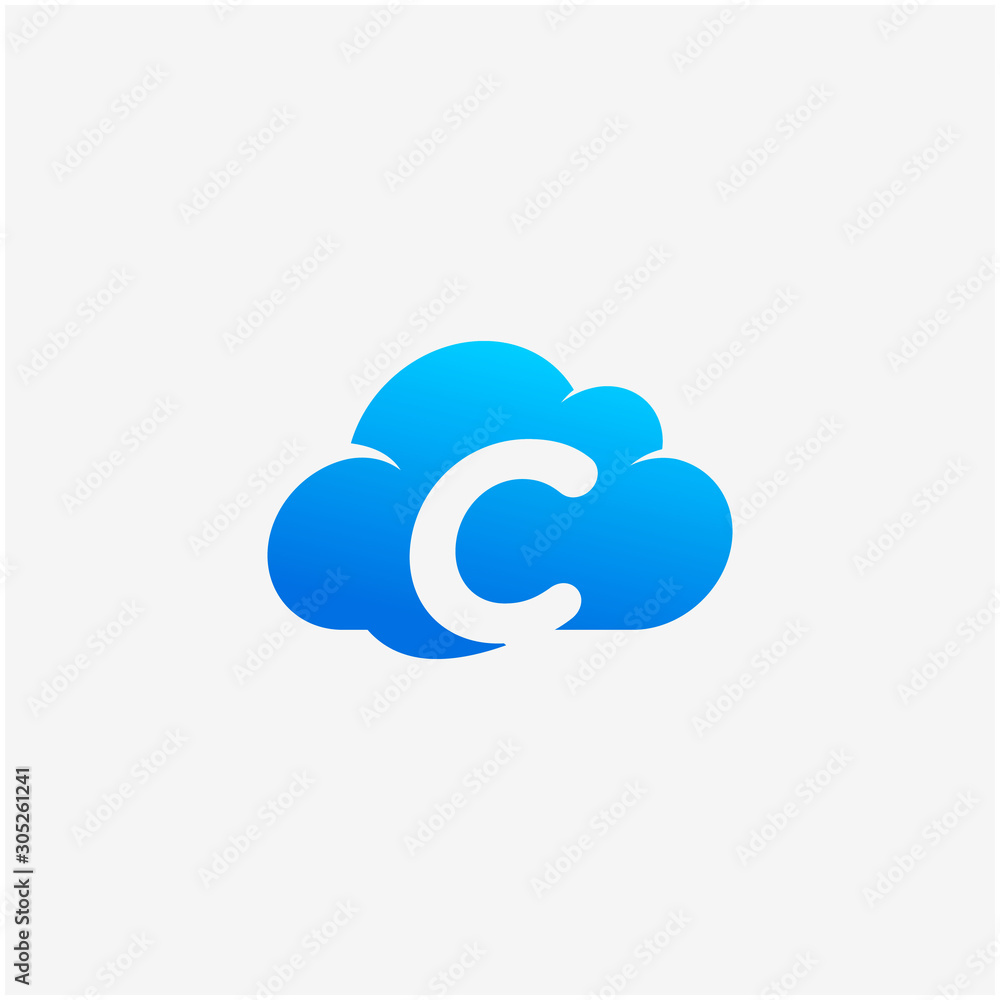 Poster initial letter c negative space in sky cloud, technology hosting domain blockchain server logo desig