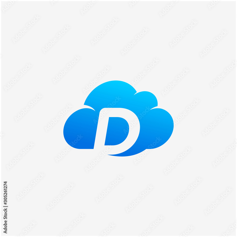 Poster initial letter d negative space in sky cloud, technology hosting domain blockchain server logo desig