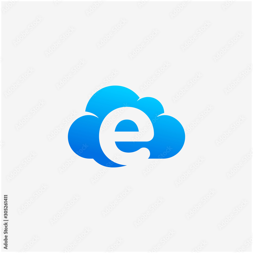 Poster initial letter e negative space in sky cloud, technology hosting domain blockchain server logo desig