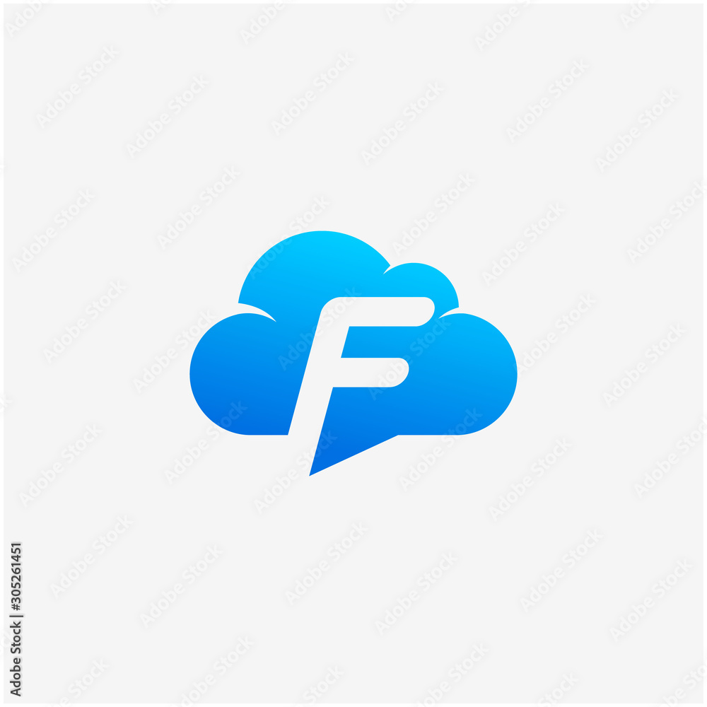 Poster initial letter f negative space in sky cloud, technology hosting domain blockchain server logo desig