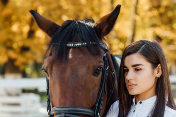 Beautiful  woman stand near the horse, brown farm anima horse.
