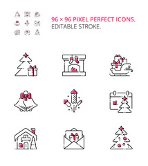 Christmas eve and New Year icon set. Modern vector thin line flat design icons and pictograms set. Christmas tree, decoration, bells, calendar, gifts, Santa sled with presents, mail, decorated house, 