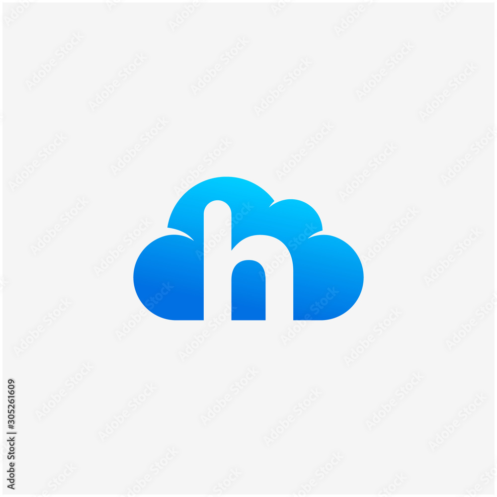 Poster initial letter h negative space in sky cloud, technology hosting domain blockchain server logo desig